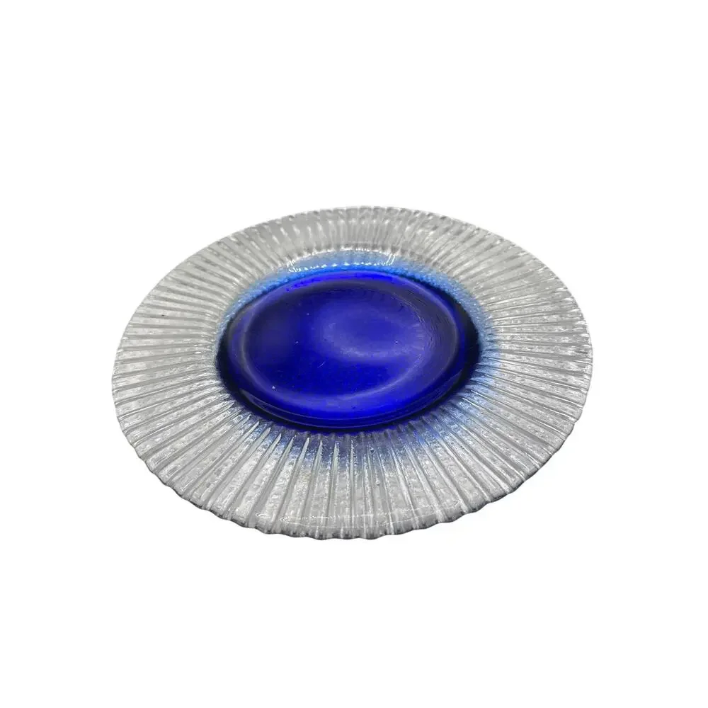 Vintage Pier 1 Cobalt Blue Center Salad Dessert Plates Clear Ribbed Rim Set of 6